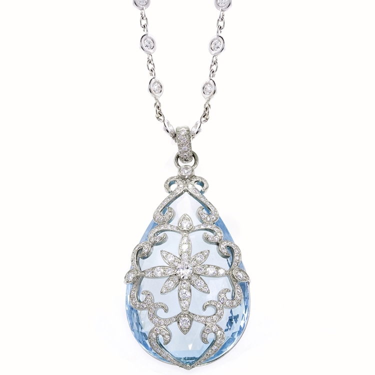 AQUA PENDANT Platinum pendant featuring a 112.84 ct. Aquamarine with 2.02 ctw. of Diamonds. Chain Sold Sepearetly. 