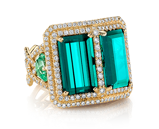 DOUBLE TROUBLE RING 18K Yellow gold ring featuring 11.81 ctw. of Indicolite Tourmalines 2.60 ctw. of Mint Tourmalines with 1.73 ctw. of Diamonds.
