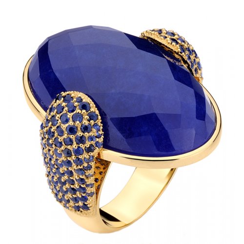 Blue Jade And Blue Sapphire Ring. 18K Gold ring with faceted blue jade and 1.88tcw blue sapphires. Center stone measures 31mm in length and 26mm in width. 