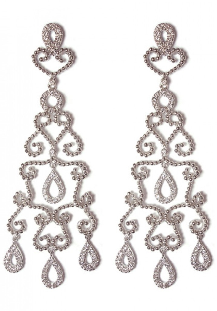 Carla Amorim chandelier scroll earrings are in 18k white gold accented with petite diamonds. Earrings are 2.5" in length and .75" at their widest point, and have large post backs.