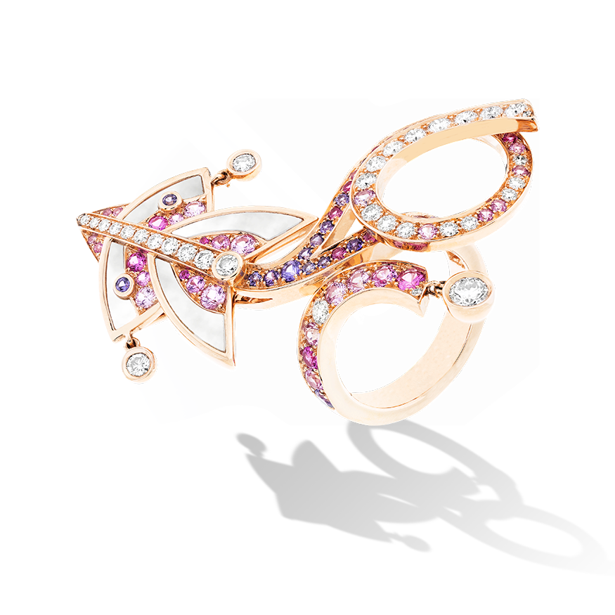  Cerfs-Volants 1 motif Between the Finger Ring,Gold-carousel-VCARO5QI00-Van Cleef & Arpels1 Cerfs-Volants 1 motif Between the Finger Ring. Cerfs-Volants 1 motif Between the Finger Ring, pink gold, round pink and mauve sapphires, white mother-of-pearl, round diamonds; diamond quality DEF, IF to VVS.