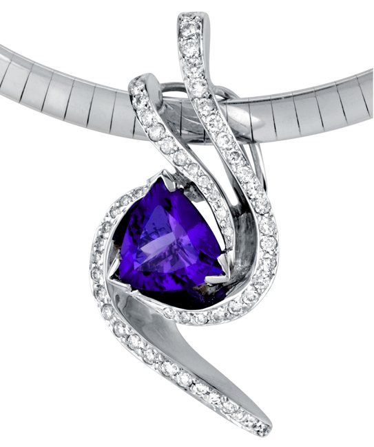 GALAXY PENDANT IN TANZANITE Pendant with trillion shaped tanzanite accented with 0.38ctw of white diamonds. This piece may be reproduced in the gemstone of your choice. Please allow additional time to source stones.