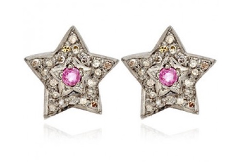 Star Grey Diamond And Ruby Sterling Silver Studs Oxidised