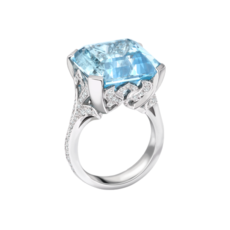 Platinum ring set with a fine 15.98ct Asscher cut Aquamarine and 0.64cts of white diamonds