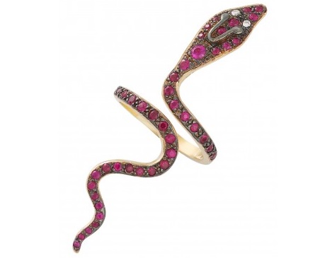 18k pink gold cobra ring with rubies and white diamond eyes