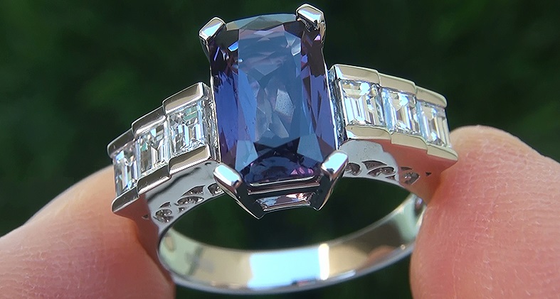 A Stunning 3.54 Carat GIA Certified Unheated & Untreated Natural Color Change Sapphire & Diamond Ring.