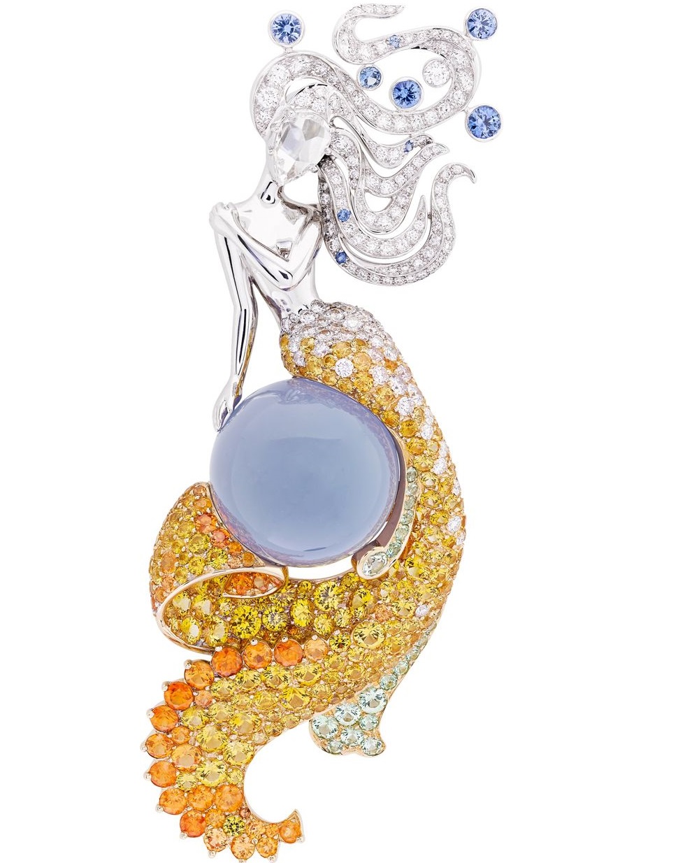 Van Cleef & Arpels ~ The ‘Seven Seas’ Collection 'Fairy of Sea' clip. Inspired by the Indian and Atlantic Oceans, the clip is set with diamonds, blue and yellow sapphires, spessartite and grossular garnets and a 23.64-carat cabochon chalcedony in white and yellow gold. 2015.
