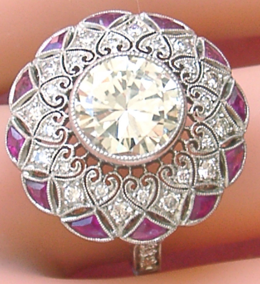 ESTATE ART DECO 2.80ct BRILLIANT DIAMOND RUBY PLATINUM ROUND LACEY COCKTAIL RING