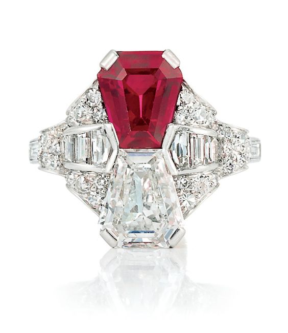 Art Deco Platinum, Ruby and Diamond Ring Set 