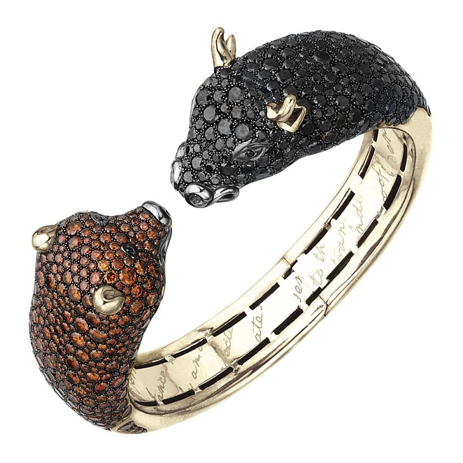 Wall Street Bull and Bear Cuff Bracelet in 18K Gold with Cognac & Black Diamonds (21 1/4 cttw)