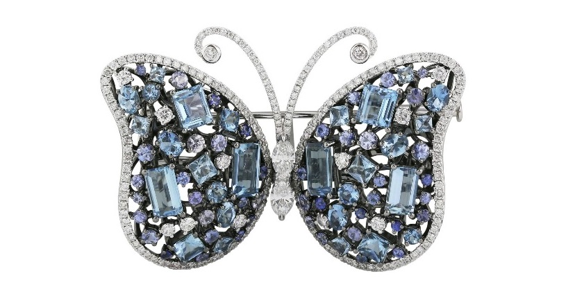 Aquamarine Sapphire Diamond Butterfly Brooch