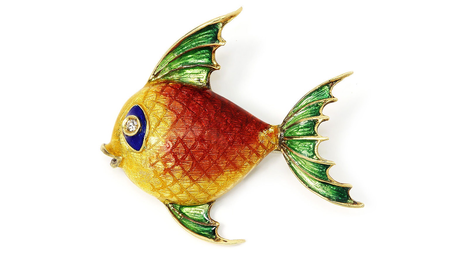 Vintage Fish Brooch Pin with Single Cut Diamond in 18kt Yellow Gold & Multi-Color Enamel