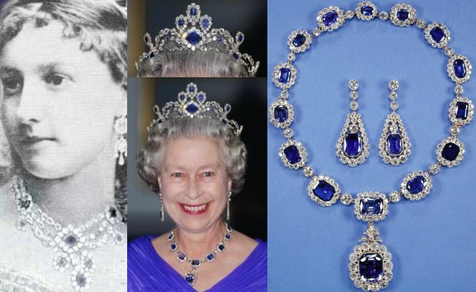 On The Left : The Necklace Used To Make Queen Elizabeth’s Sapphire Tiara. (Note The Similarities) On The Right : The George VI Victorian Suite
