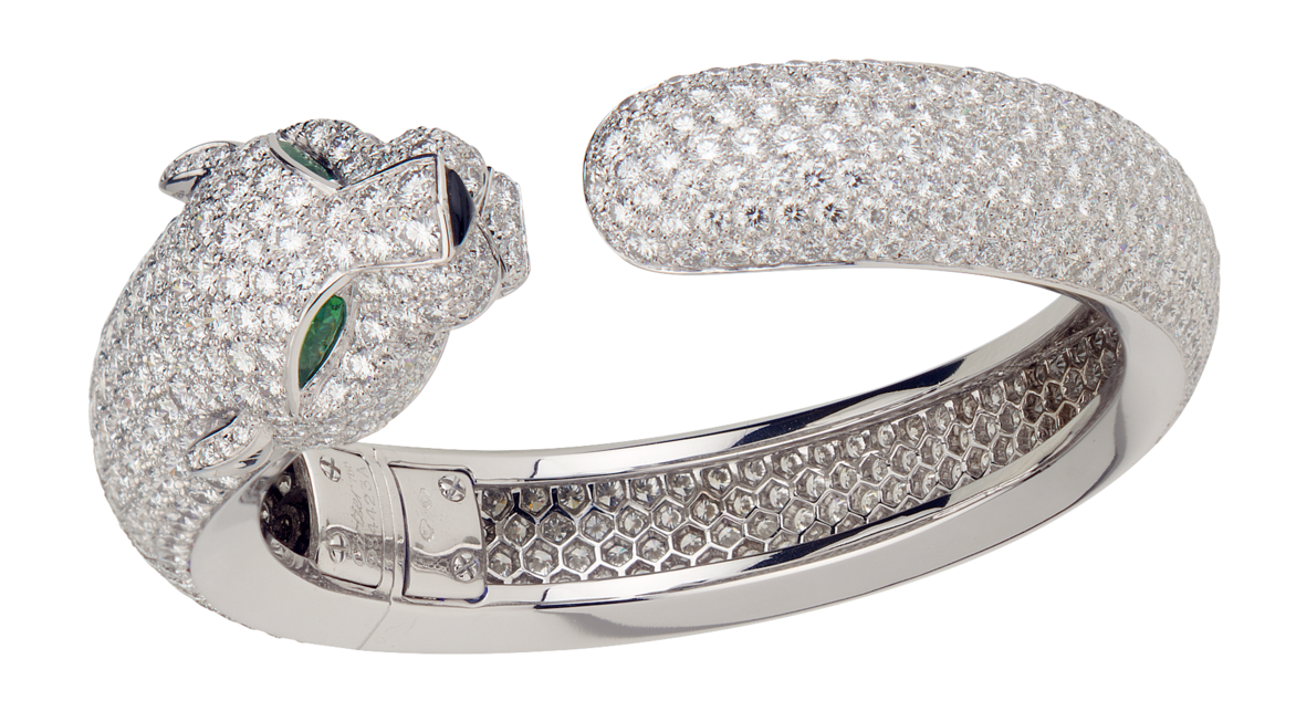 Bracelet - 18K white gold, 706 brilliant-cut diamonds totaling 15.74 carats, emeralds, onyx.