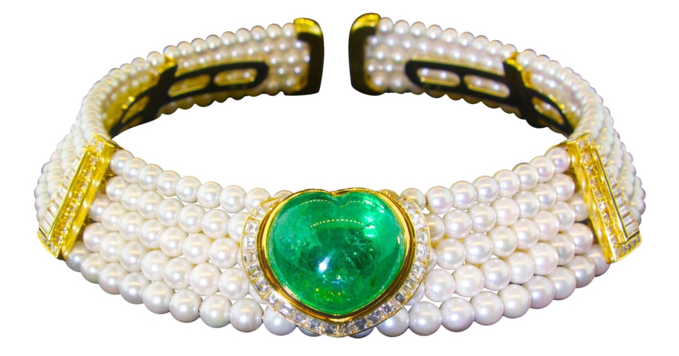 Important Heart Shaped Emerald, Diamond and Pearl Choker Necklace