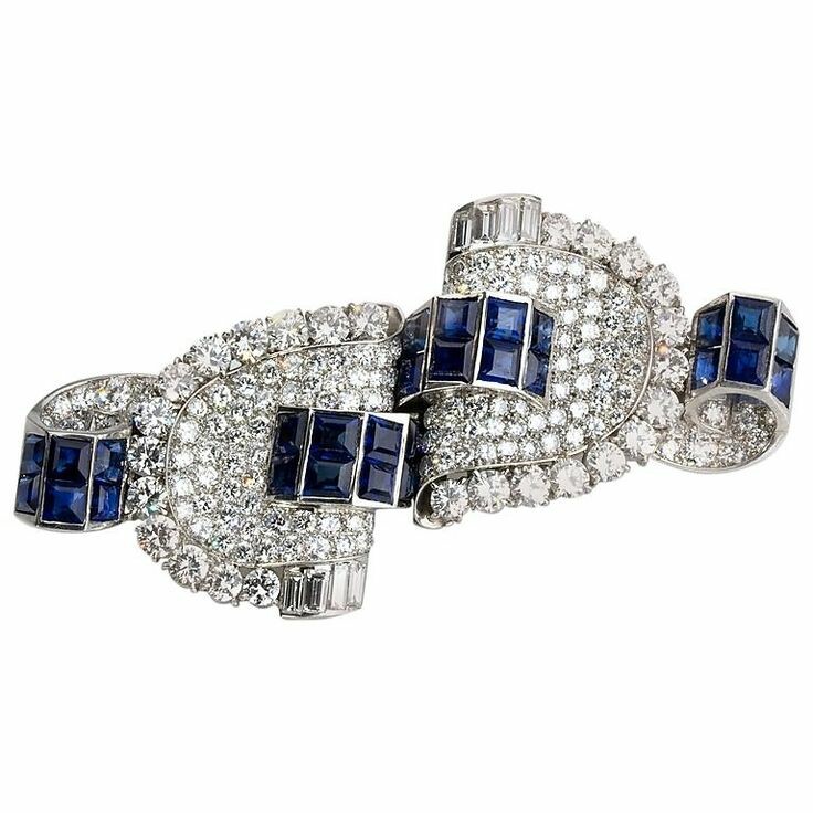 Double Clip Sapphire Diamond Brooch