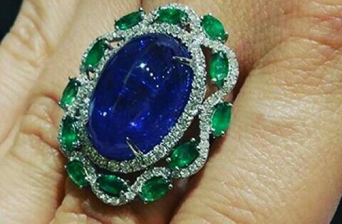 Cabochon Sapphire, Emerald and Diamond Ring