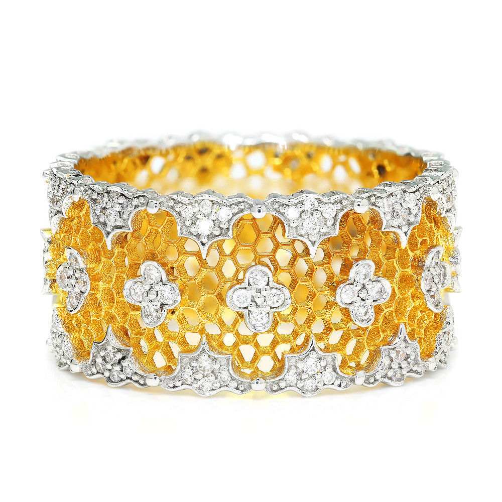 Wide Diamond Cigar Band Honeycomb in 14Kt Two Tone Gold .36ctw