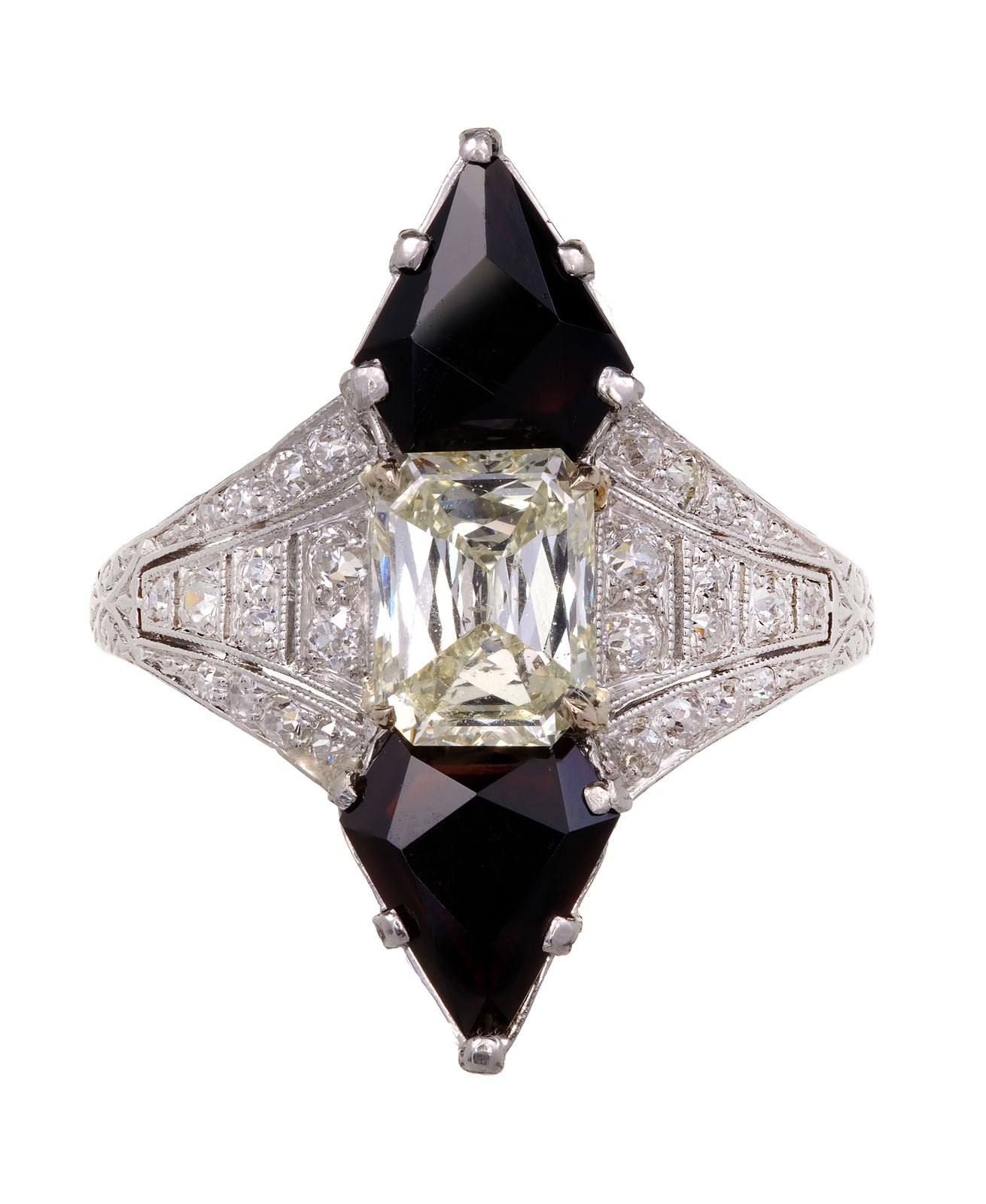Antique Art Deco 1930 Black Star & Frost Emerald Cut Diamond Onyx Ring Platinum