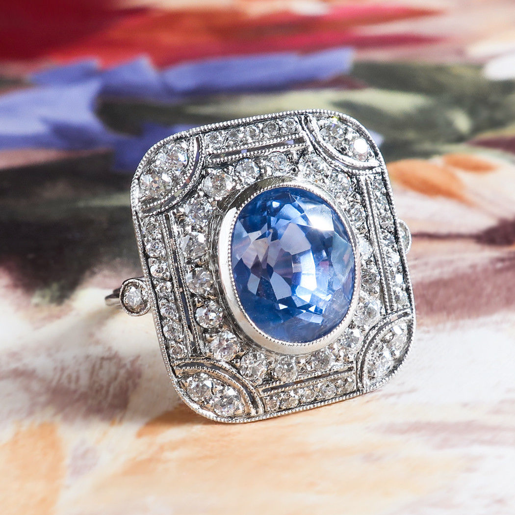 Art Deco Style 6.65ct Blue Sapphire & 1.90cts Old Cut Diamond Ring Platinum Ring
