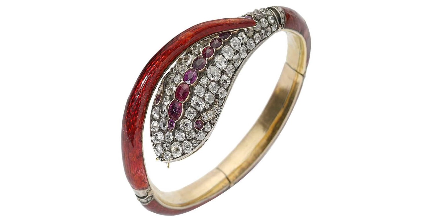 Victorian Red Enamel Diamond Gold Snake Bangle Bracelet