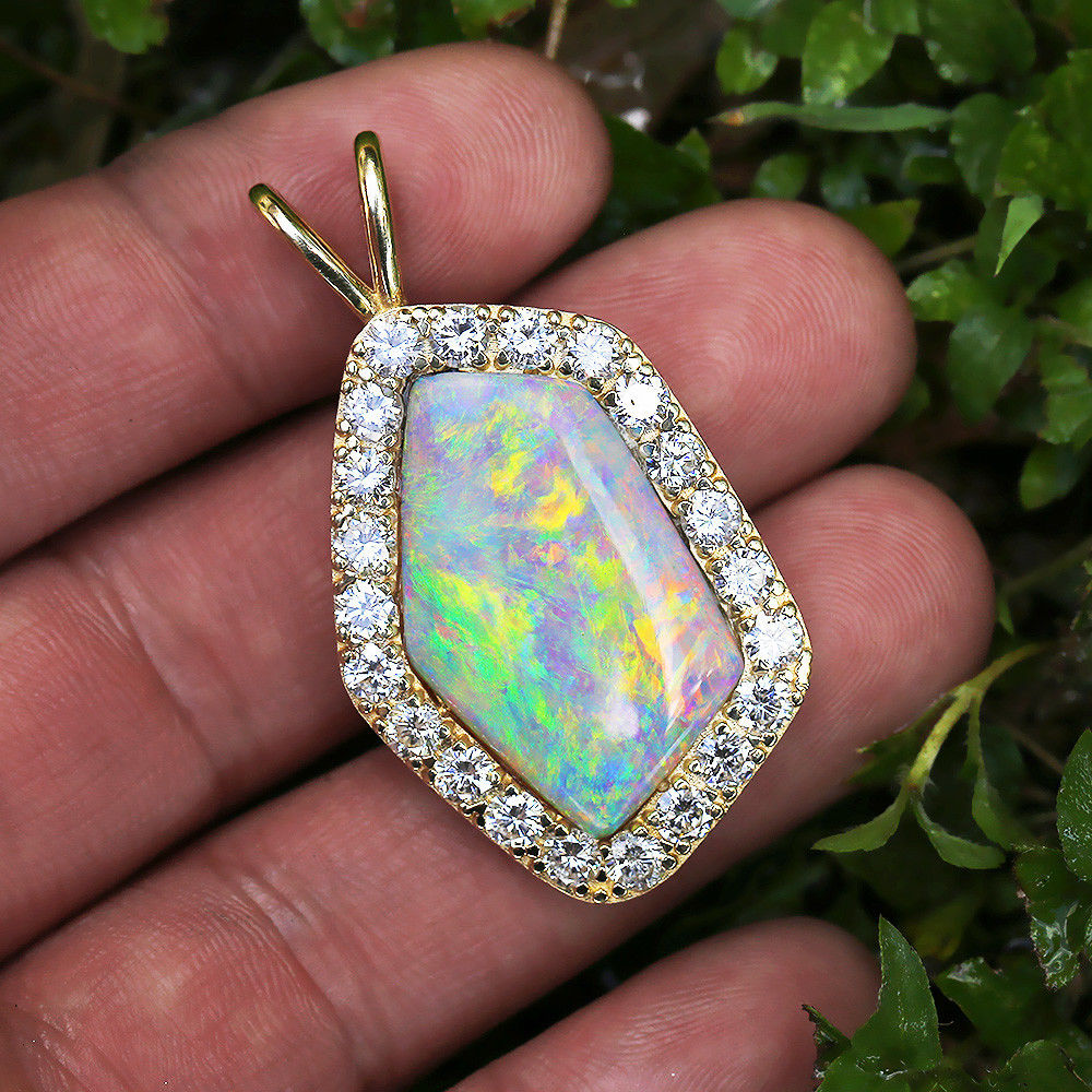 Australian Opal Pendant with Diamonds in 14Kt Yellow Gold 14.45ctw 