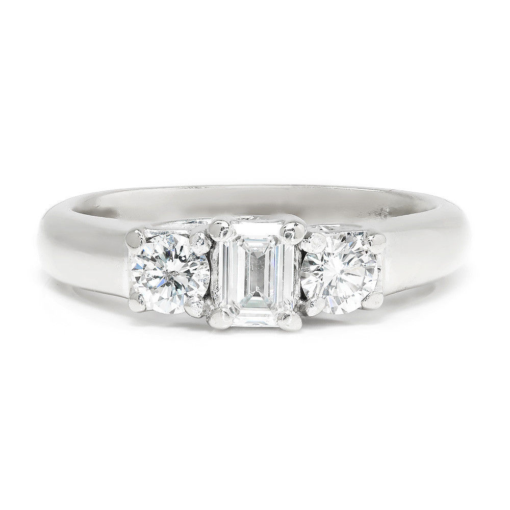 Emerald Cut Diamond 3-Stone Engagement Ring 14K White Gold .75ctw