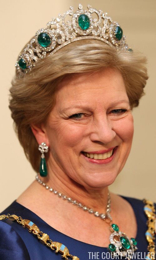  Anne-Marie of Greece wears the Greek Emerald Parure Tiara during the Ruby Jubilee celebrations for her sister, Queen Margrethe II of Denmark, in Copenhagen.