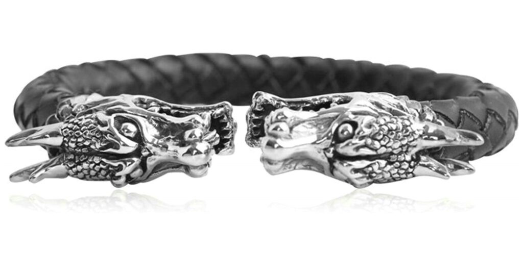 25 Sterling Silver Punk Rock Leather Dragon Adjustable Bracelet by Epinki Jewelry