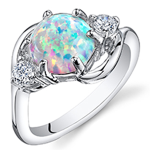 Created White Opal Ring in Sterling Silver, Round Shape, 8mm, 1.75 Carats total, Sizes 5 to 9