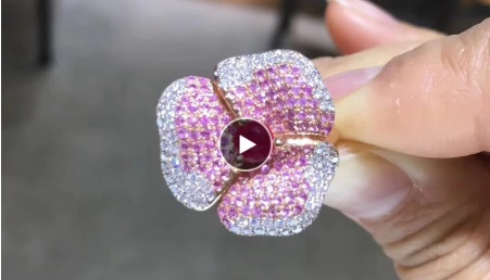 Ruby, Pink Sapphire and Diamond Floral Design 18K Gold Ring