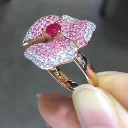 A Gorgeous Ruby, Pink Sapphire and Diamond Floral Design 18K Gold Ring