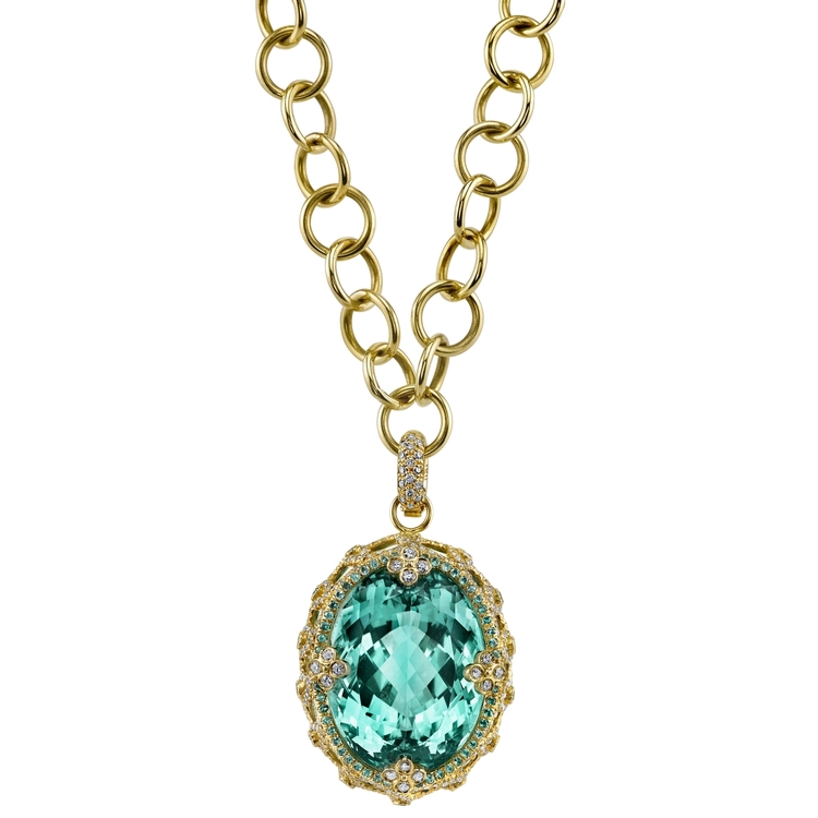 PARADISE PENDANT 18K Yellow Gold pendant featuring a 50.78 ct. Tourmaline, 1.89 ctw. of Diamonds, and .61 ctw. of Paraiba. 