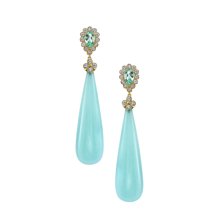 JUBILLE EARRINGS 18K Yellow gold earrings featuring 63.92 ctw. Blue Opal Drops with 1.67 ctw. of Tourmalines and 0.80 ctw. of Diamonds. 