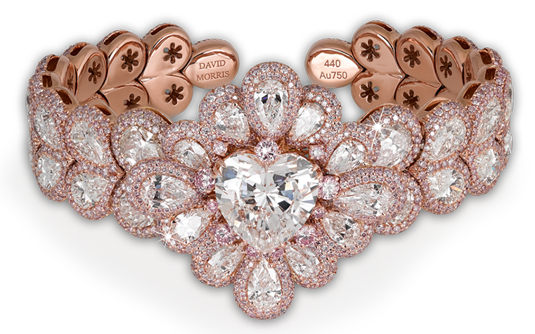 6.00ct E/VS1 heart shape diamond flexi bangle with white pear shapes and pink diamond surrounds