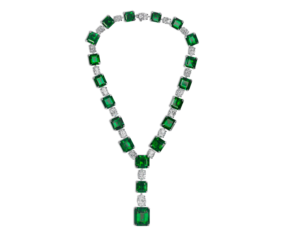Important Colombian emerald necklace with white oval-cut diamonds Total emerald weight 160.59cts Total diamond weight 36.13cts