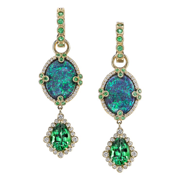 TSAVORITE EARRINGS 18K Yellow Gold earrings featuring 8.53 ctw. of Opal, 4.79 ctw. of Tsavorite, and .60 ctw. of Diamonds. 