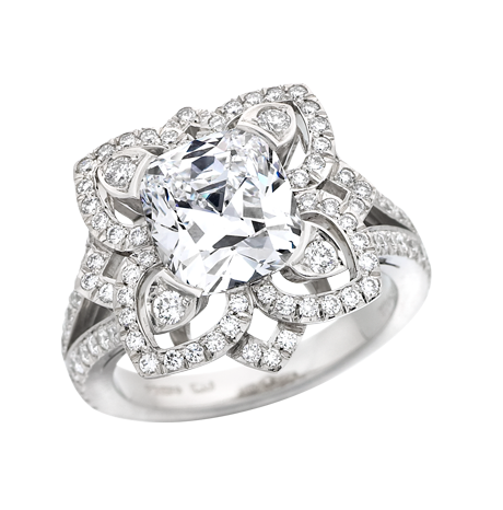 Forget me not cushion cut diamond and platinum ring