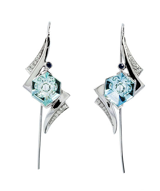FANCY AQUAMARINE EARRINGS 14kt white gold earrings featuring 4.39ctw fancy cut aquamarines, 0.14ctw white diamonds, and sapphires.