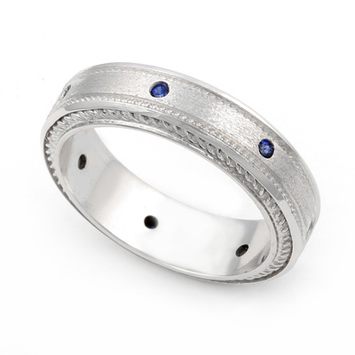 Bezel set Blue Sapphire Semi Eternity Cord Design Ring 14K White Gold