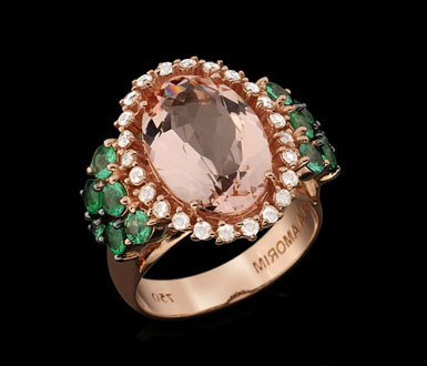 Ring Three Wishes rose gold with emerald, morganite and rose cut