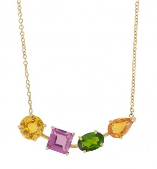 18K Yellow Gold Necklace With Round Yellow Sapphire, Square Rodolite, Oval Chrom Diopside And Pear Orange Sapphires On 45cm Yellow Gold Chain