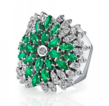 Extase Ring. This gorgeous 18k white gold ring makes a statement with the contrast between the white diamonds and emeralds. A great piece for a unique occasion.
