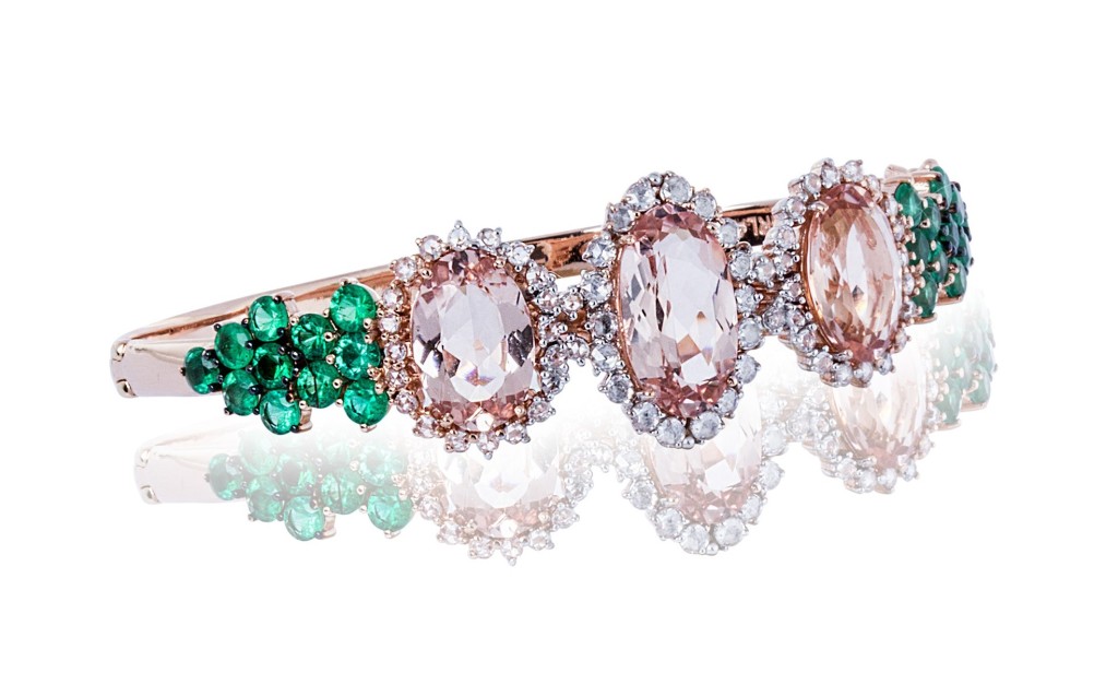 Three Wishes Bracelet rose gold with emerald, morganite and diamond rose cuts.