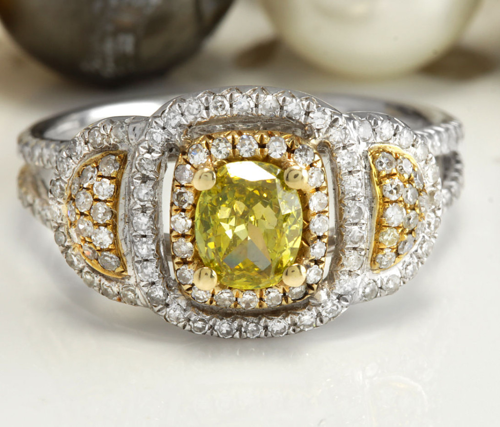 1.19CTW Estate Natural Fency Yellow Diamond & Damonds in 14K TwoTone Gold Ring