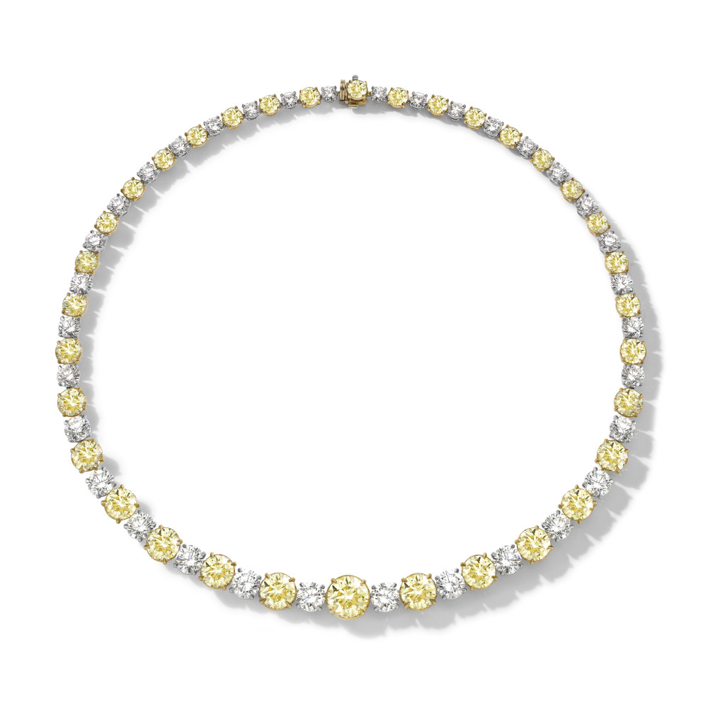 Brilliant cut fancy yellow and diamond necklace in platinum and 18ct yellow gold