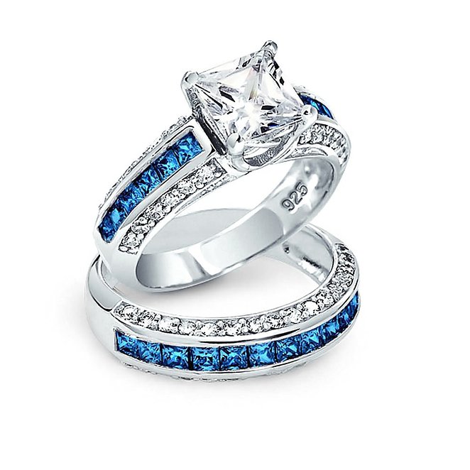 Bling Jewelry Simulated Sapphire Princess Cut Wedding Engagement Ring Set Sterling Silver