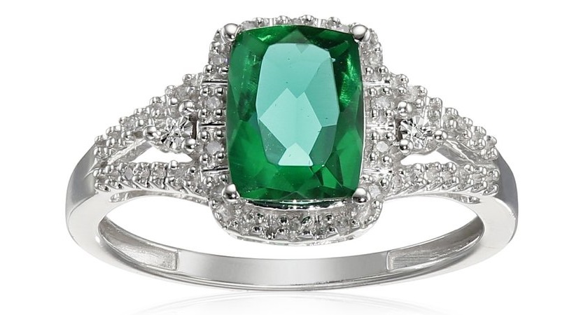 10k White Gold Cushion Simulated Emerald with Round White Diamond Ring