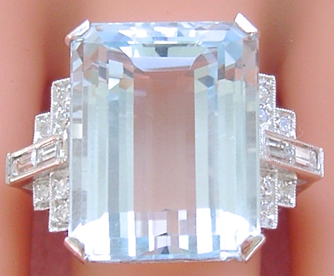 ESTATE ART DECO 25.96 CARAT AQUAMARINE .60ctw DIAMOND PLATINUM BIG COCKTAIL RING