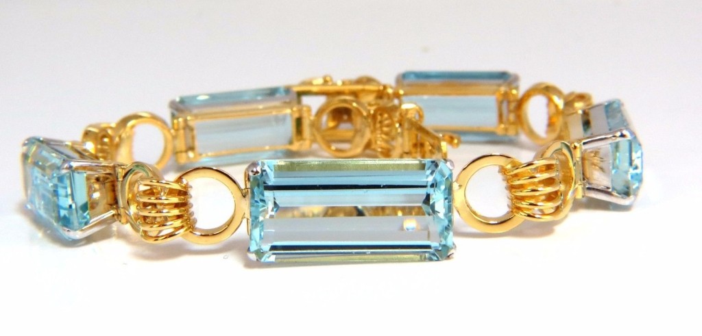 Aquamarine Bracelet Vintage 80.00ct (5) emerald cuts 18kt coil link 7 inch blue